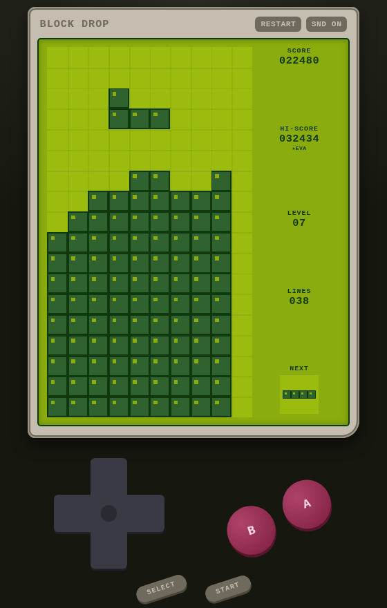 Block Drop, a Tetris-style stacking game mid-play, shown in a browser window