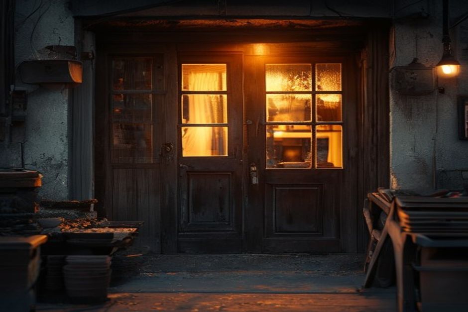The workshop door at dusk, warm light glowing inside