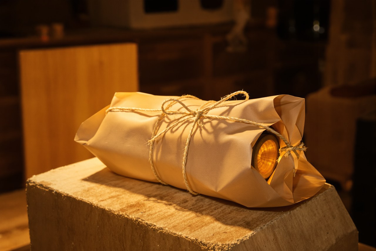 A finished piece wrapped in kraft paper and tied with twine, ready to leave the workshop