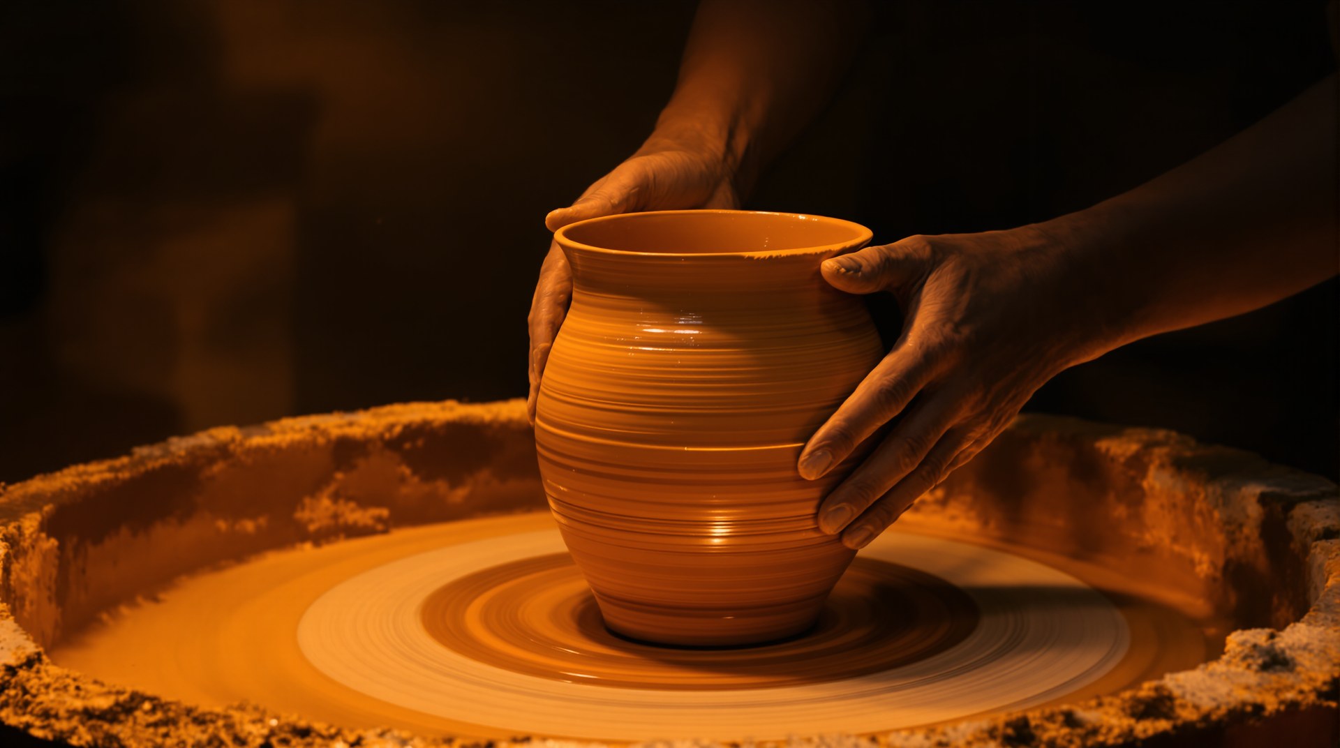Two hands shaping a jug from soft clay on the potter's wheel in warm workshop light