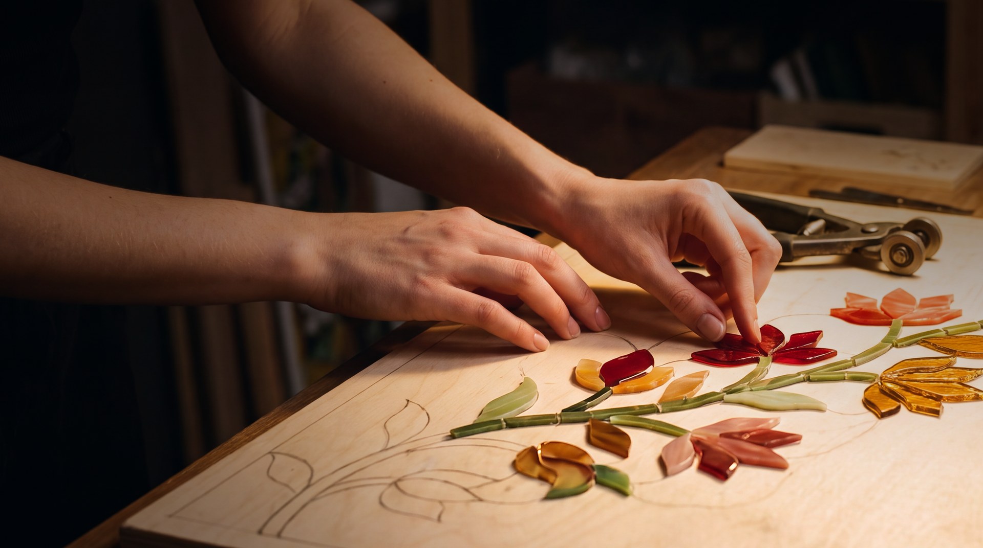 Two hands laying coloured glass pieces one by one onto the pencil drawing of a flowering vine, half the vine already set