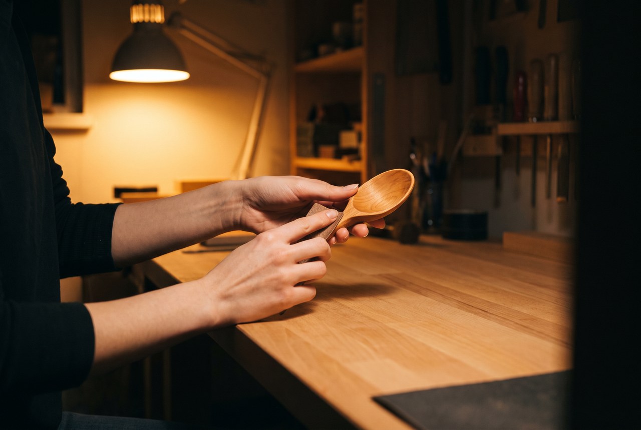 A warm artisan workshop, lamp lit