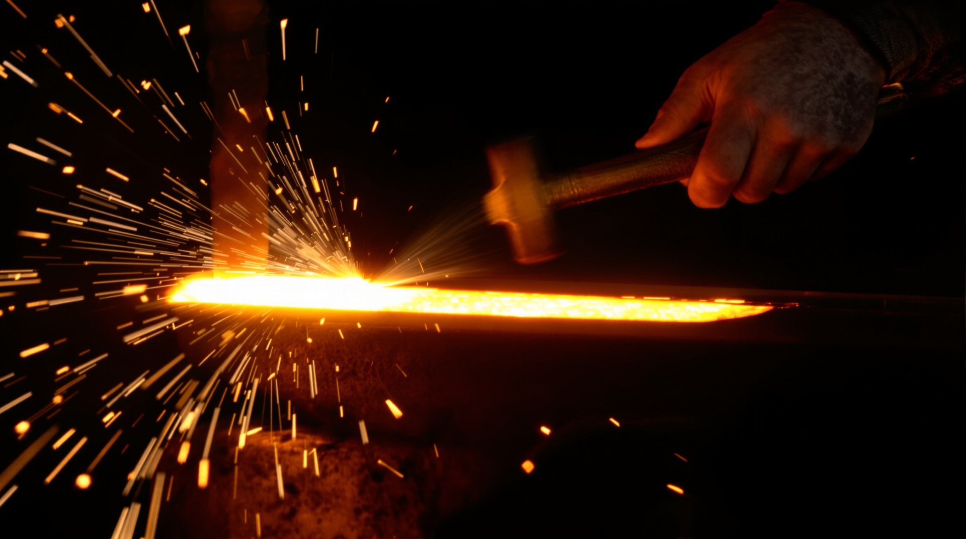A hammer striking hot metal, sparks flying in the workshop at night