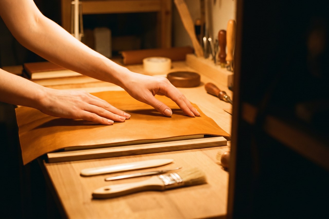 A young bookbinder's hands smoothing warm honey-brown leather over a book cover under a warm workshop lamp