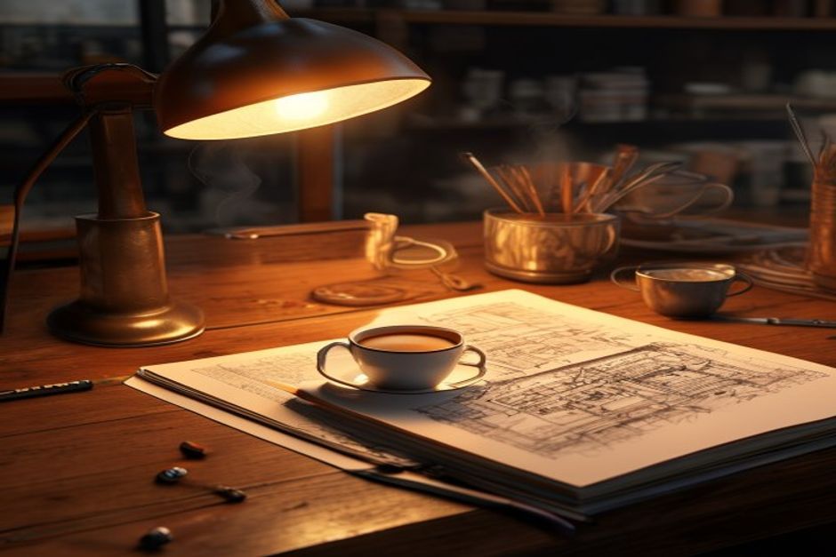 A building plan and a steaming coffee under the workshop lamp