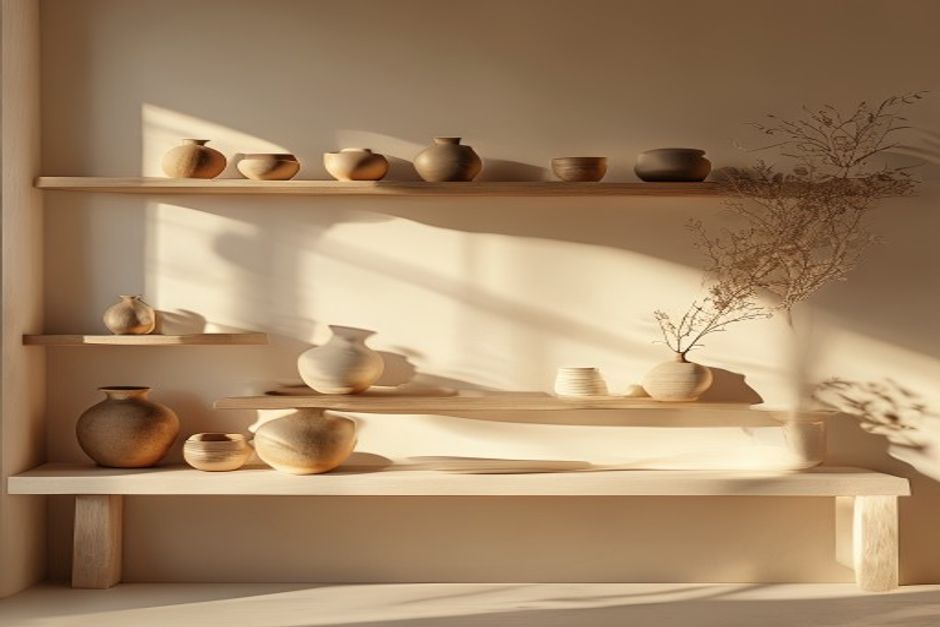 Finished pieces on a studio shelf