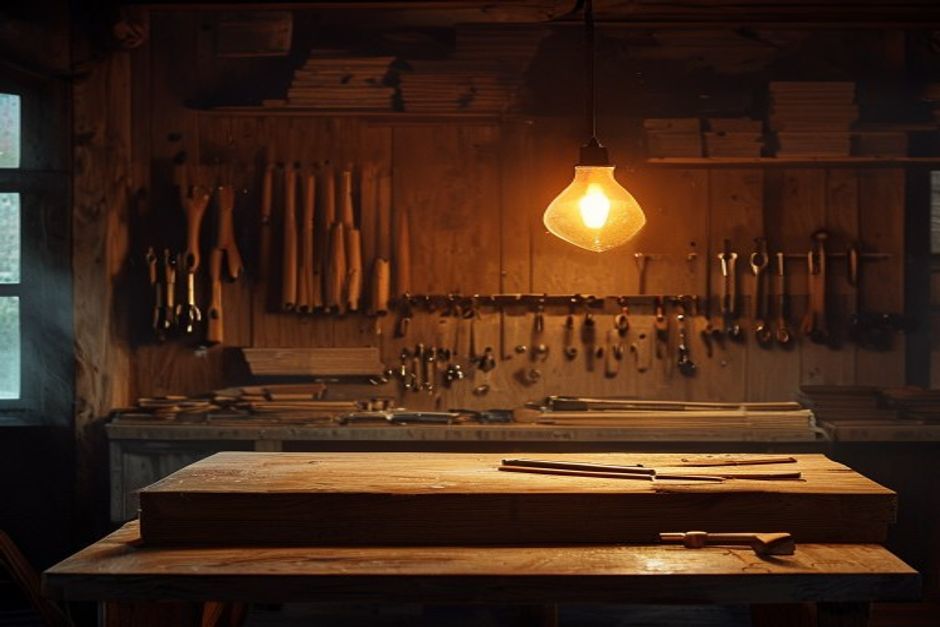 The workshop in warm lamp light